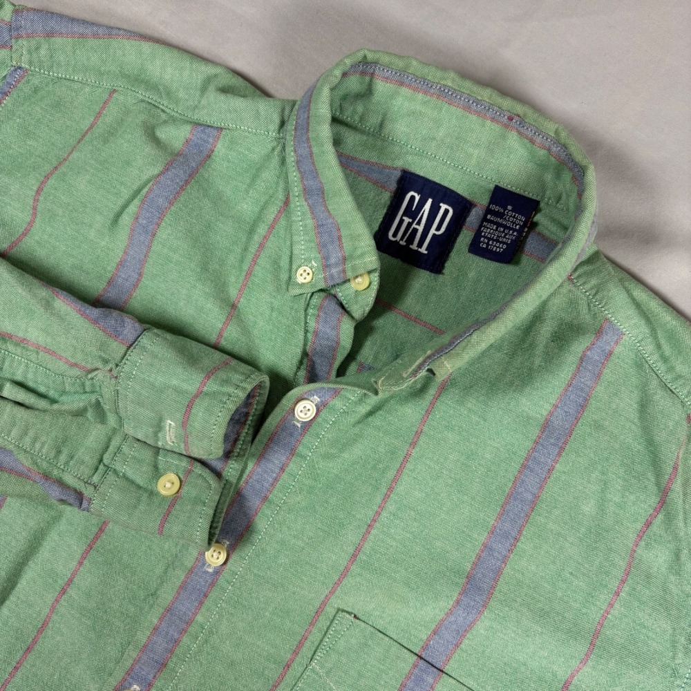 Vintage Gap Striped Oxford Shirt Mens Small Green Blue Made in USA 90s Button Up